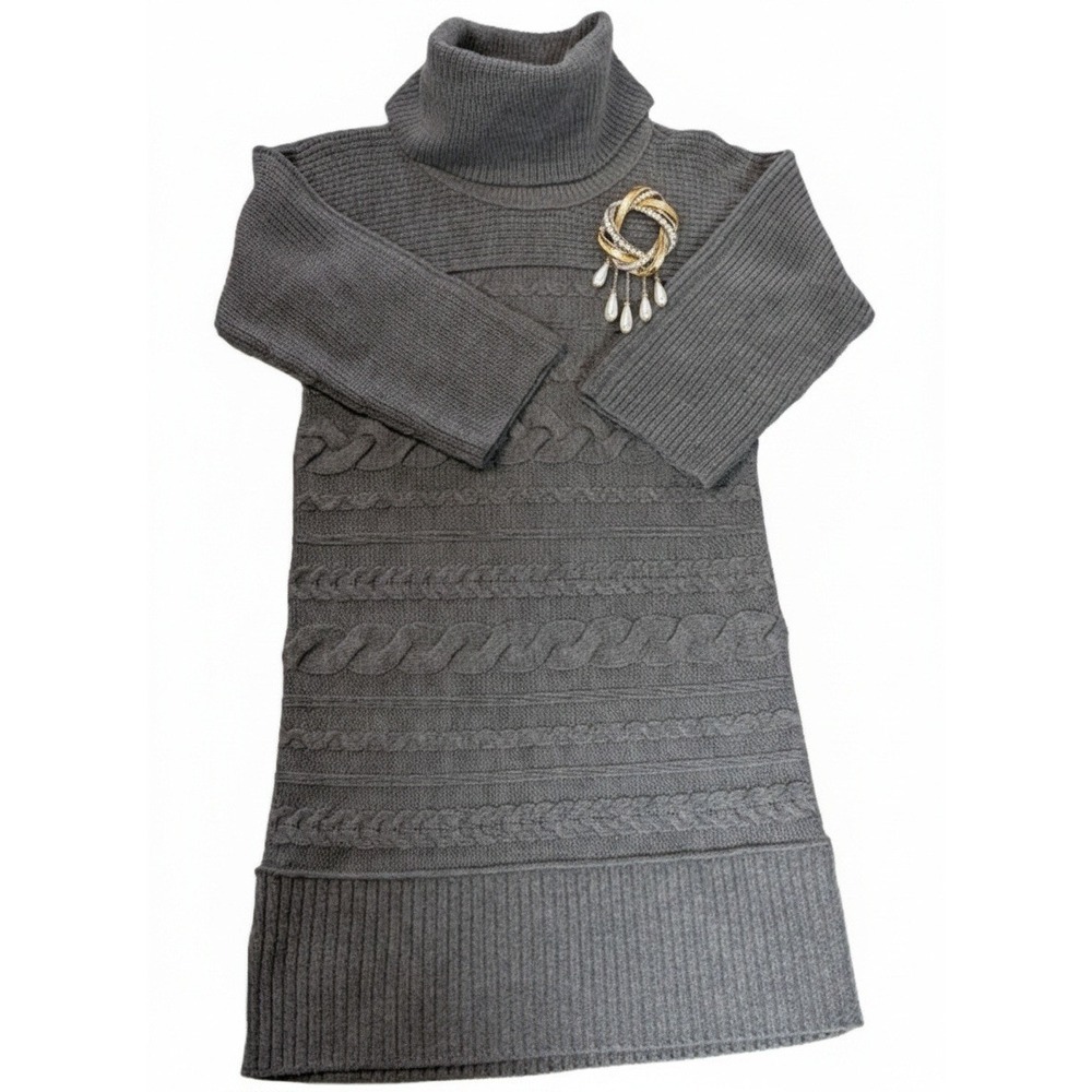 Banana Republic 100% Merino Wool Cable Knit Turtleneck Sweater Dress Gray Small